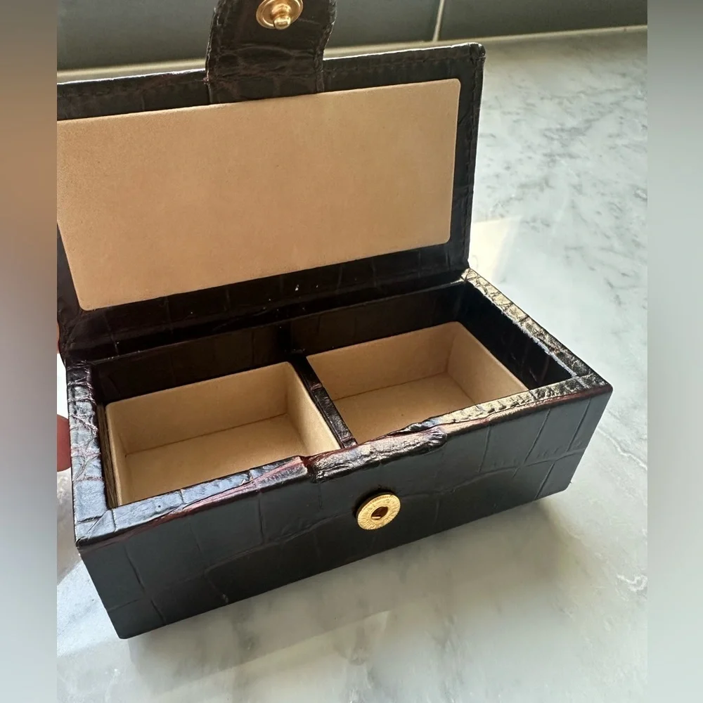 Smythson Dark Brown Croc-Embossed Jewelry Box with Gold Hardware